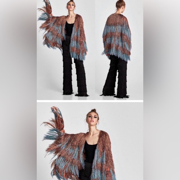 Zara Sweaters - ZARA Fringed Blue & Brown Knit Sweater Size L NWOT